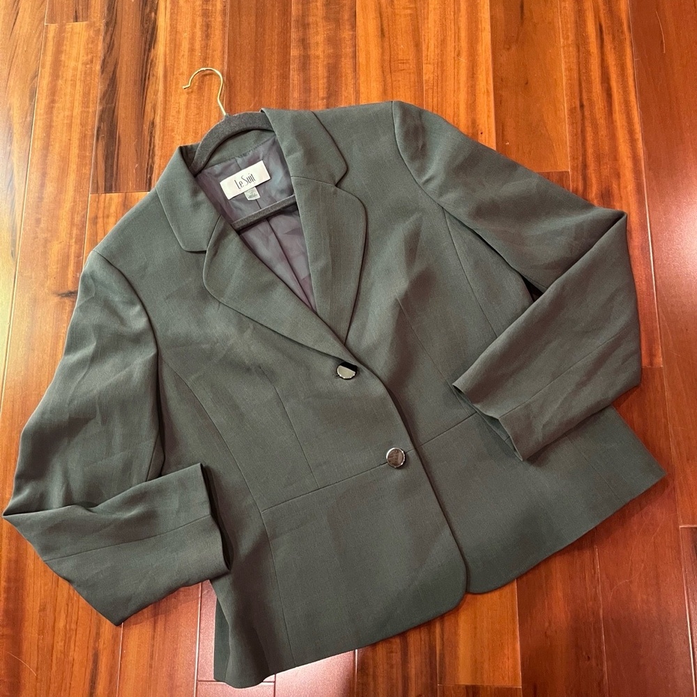Le Suit Gray Jacket Blazer 2Button Notched Lapel Office Career Long Sleeve Sz 12